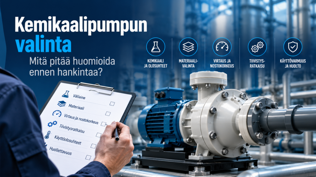 Kuvassa käydään läpi 7 kohtaa mitä pitää ottaa huomioon kemikaalipumpun valinnassa